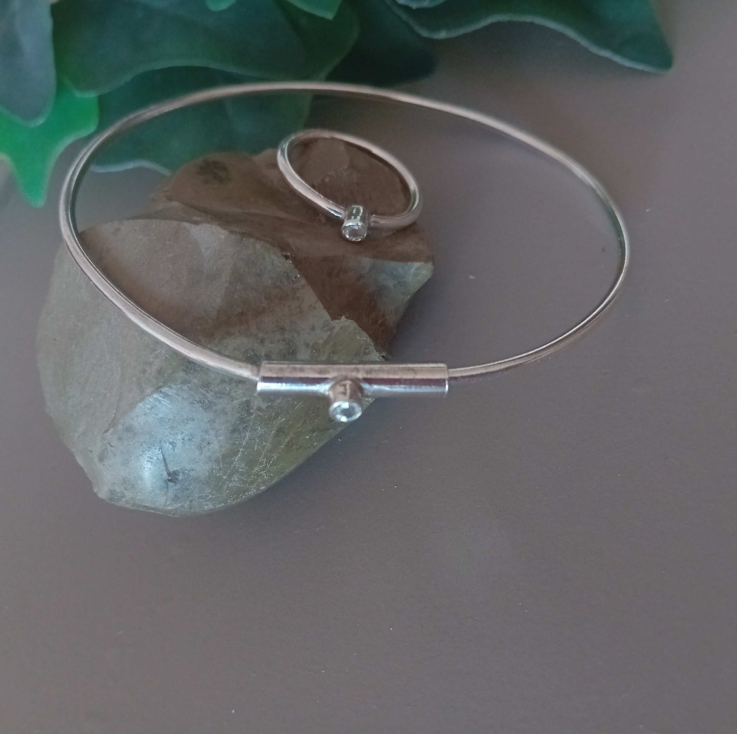 White sapphire, Sterling Silver Adjustable Bangle