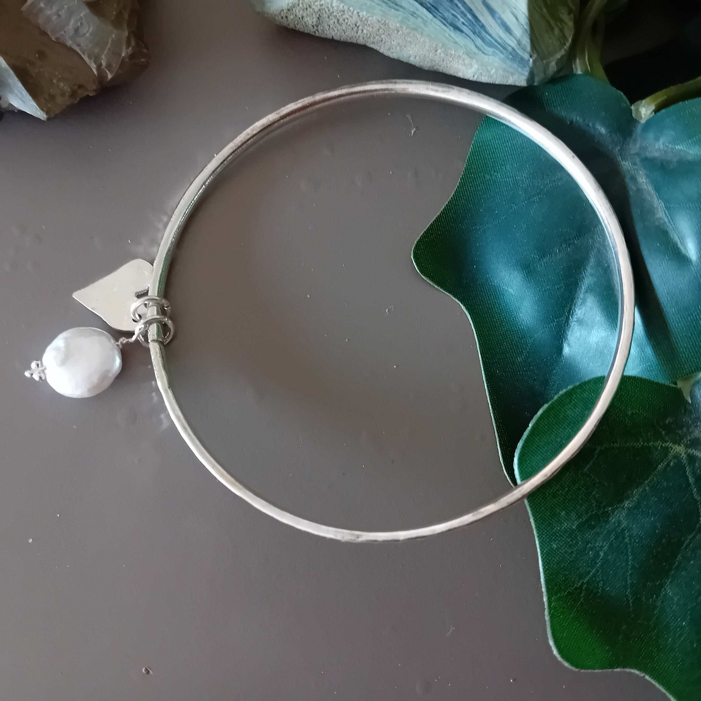 Pearl and Heart Charm Solid Sterling Silver Bangle
