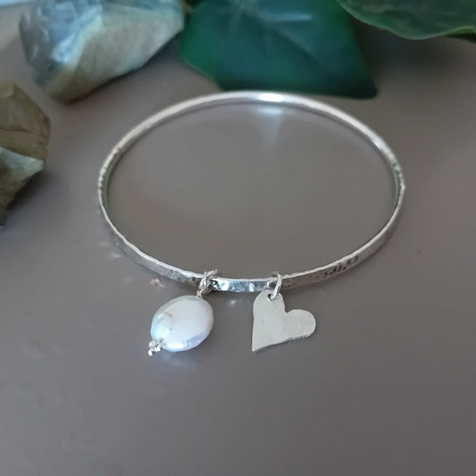 Pearl and Heart Charm Solid Sterling Silver Bangle