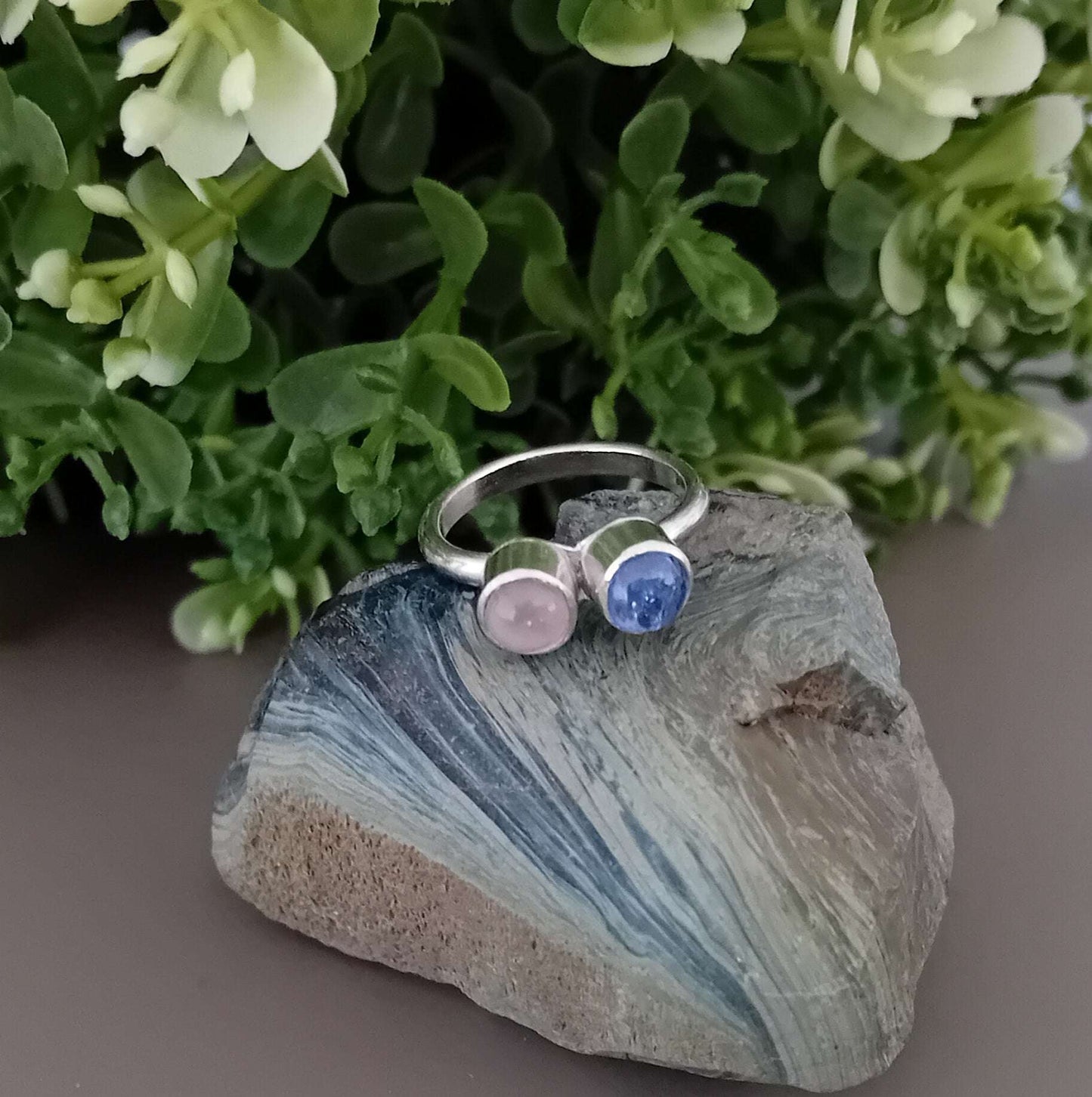 Moi et Toi Ring - Sterling Silver with Tanzanite & Rose quartz