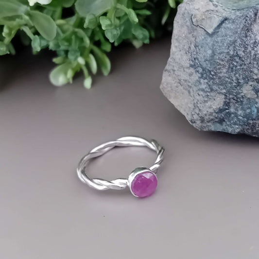Rose Cut Ruby Ring with Twist Feature Sterling Silver Shank