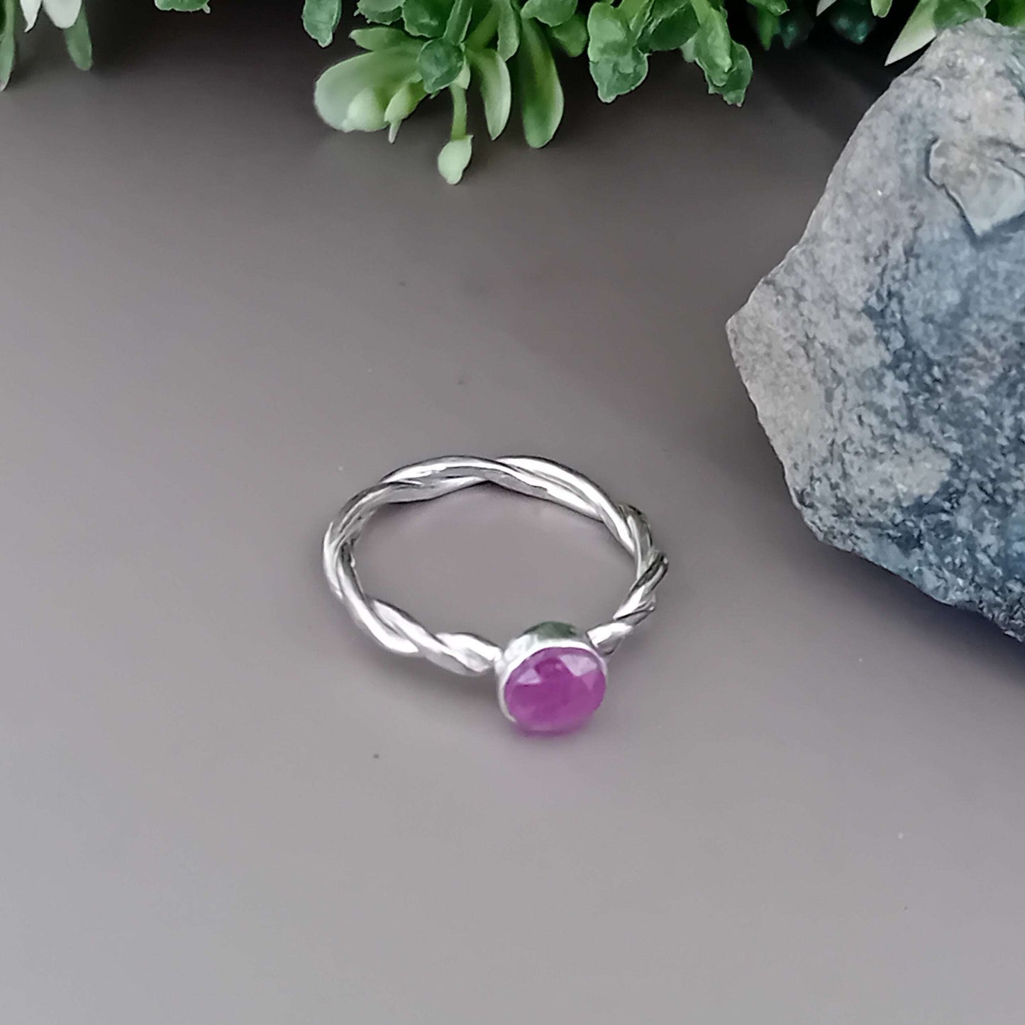 Rose Cut Ruby Ring with Twist Feature Sterling Silver Shank