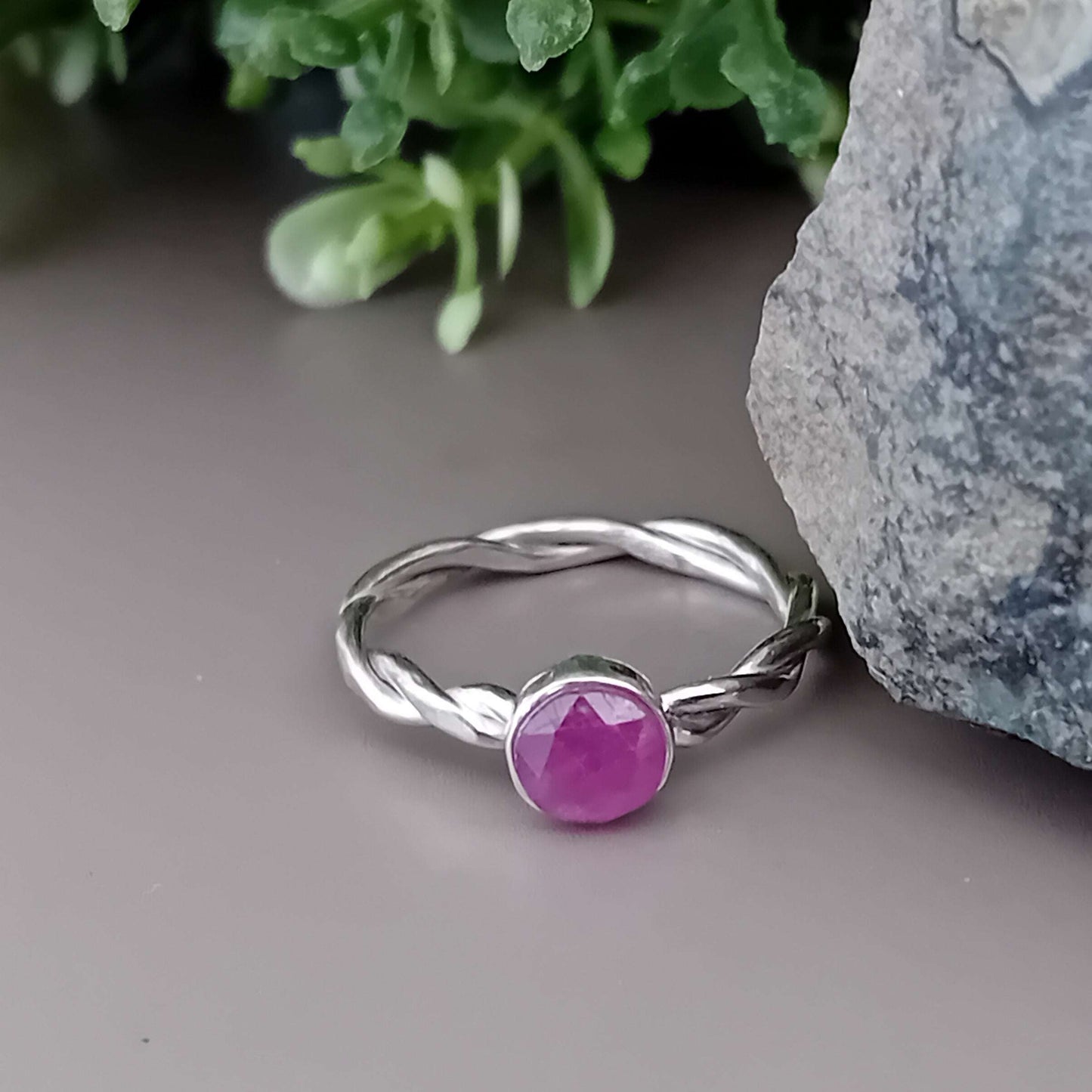 Rose Cut Ruby Ring with Twist Feature Sterling Silver Shank