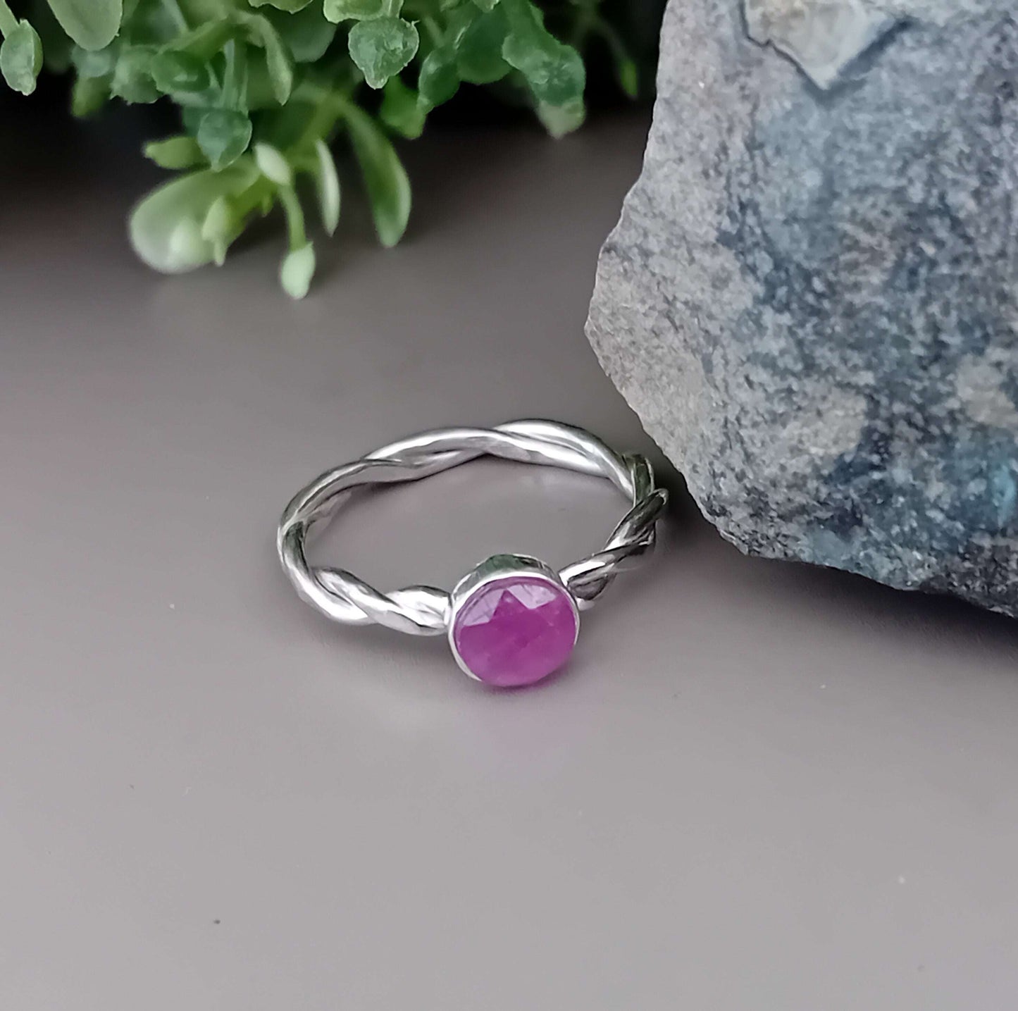 Rose Cut Ruby Ring with Twist Feature Sterling Silver Shank
