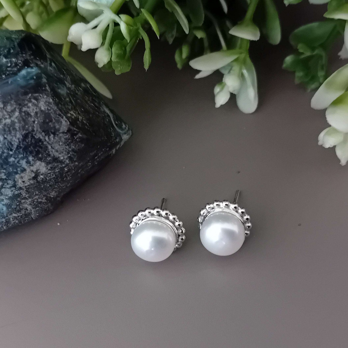 Sterling Silver Pearl Cup Stud Earrings
