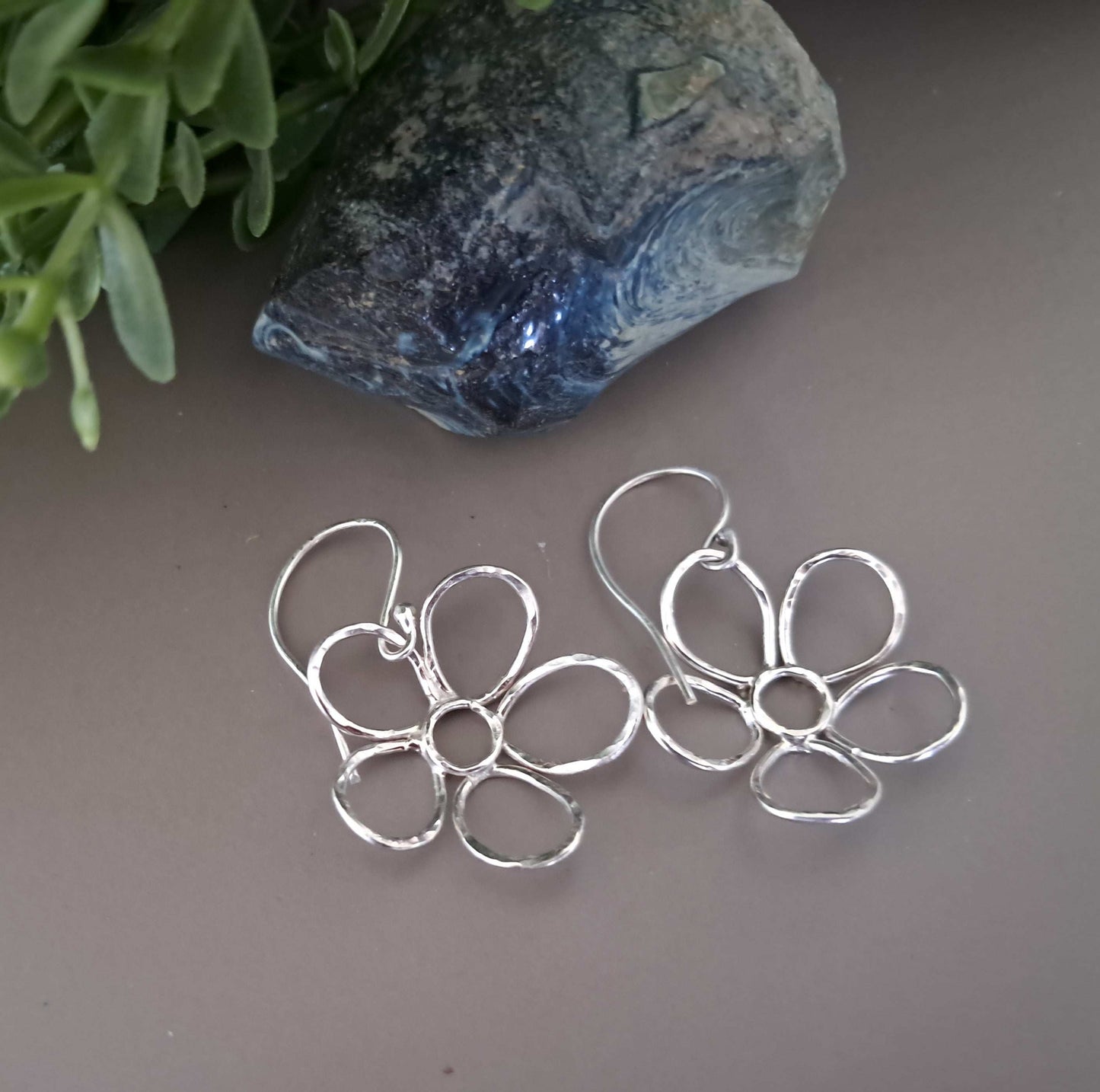 Daisy Flower,Hand Textured, Sterling Silver Earringss