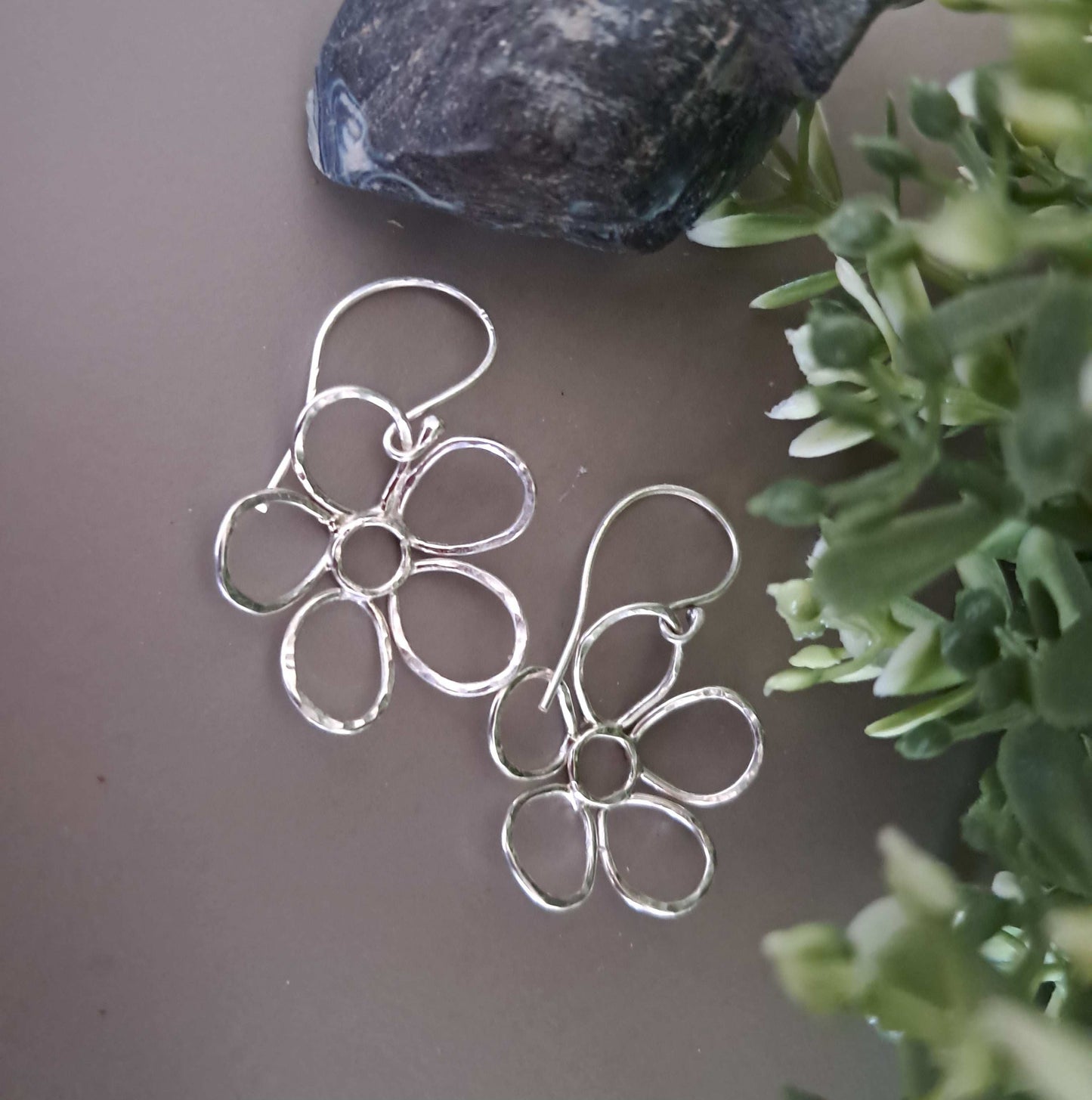 Daisy Flower,Hand Textured, Sterling Silver Earringss