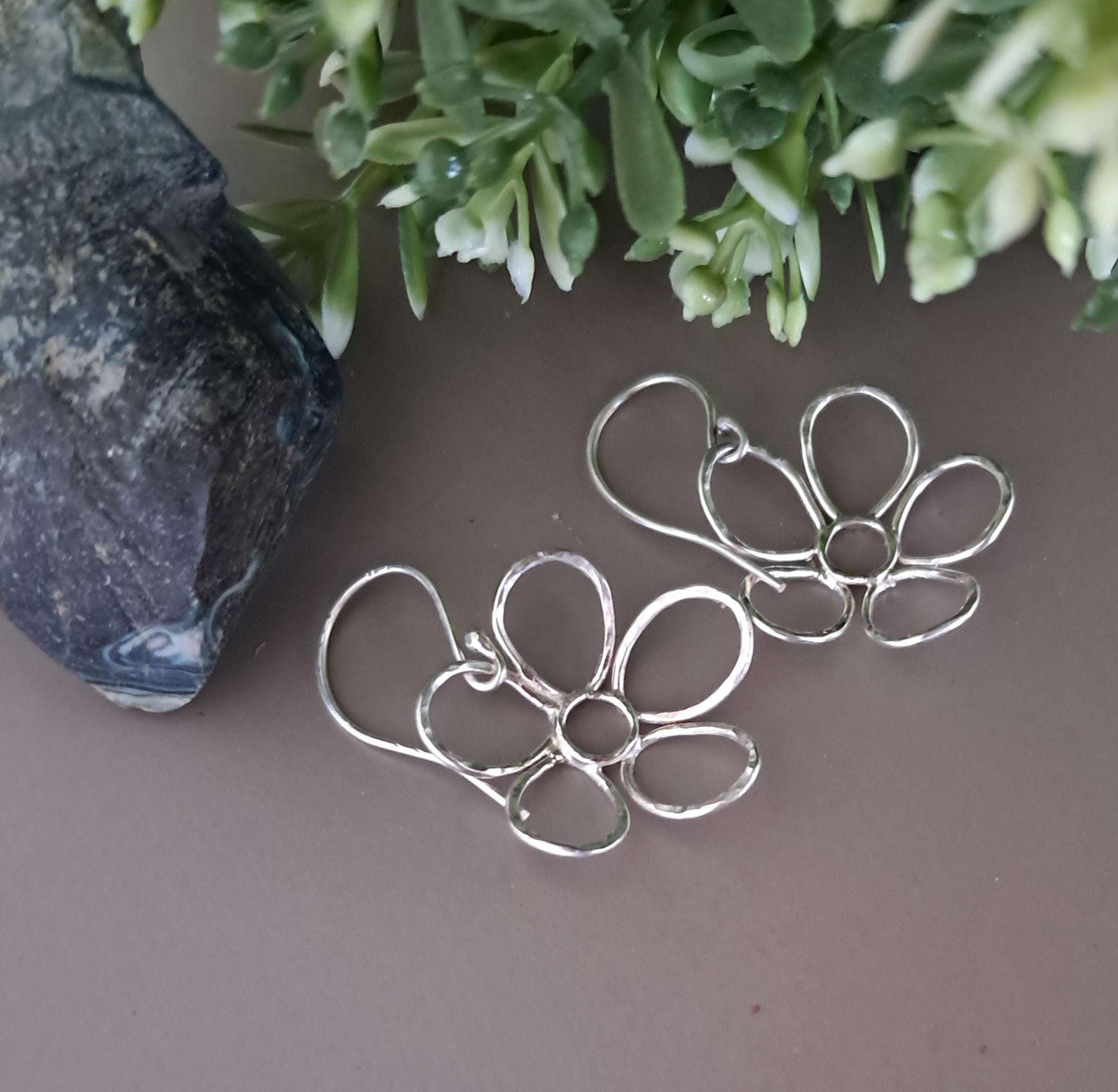 Daisy Flower,Hand Textured, Sterling Silver Earringss