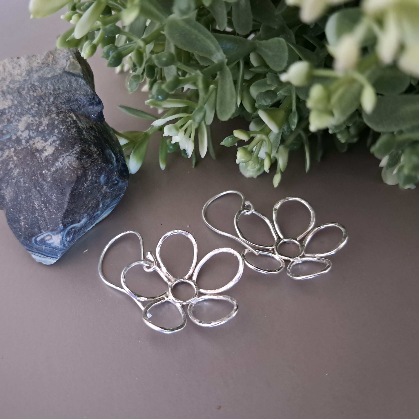 Daisy Flower,Hand Textured, Sterling Silver Earringss
