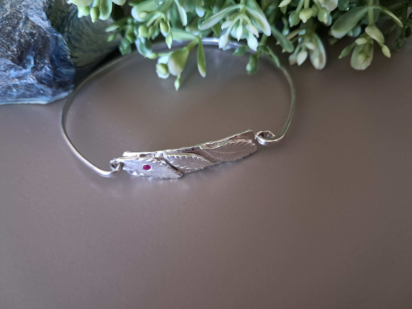 The Stork Feather Bracelet- sterling silver with ruby
