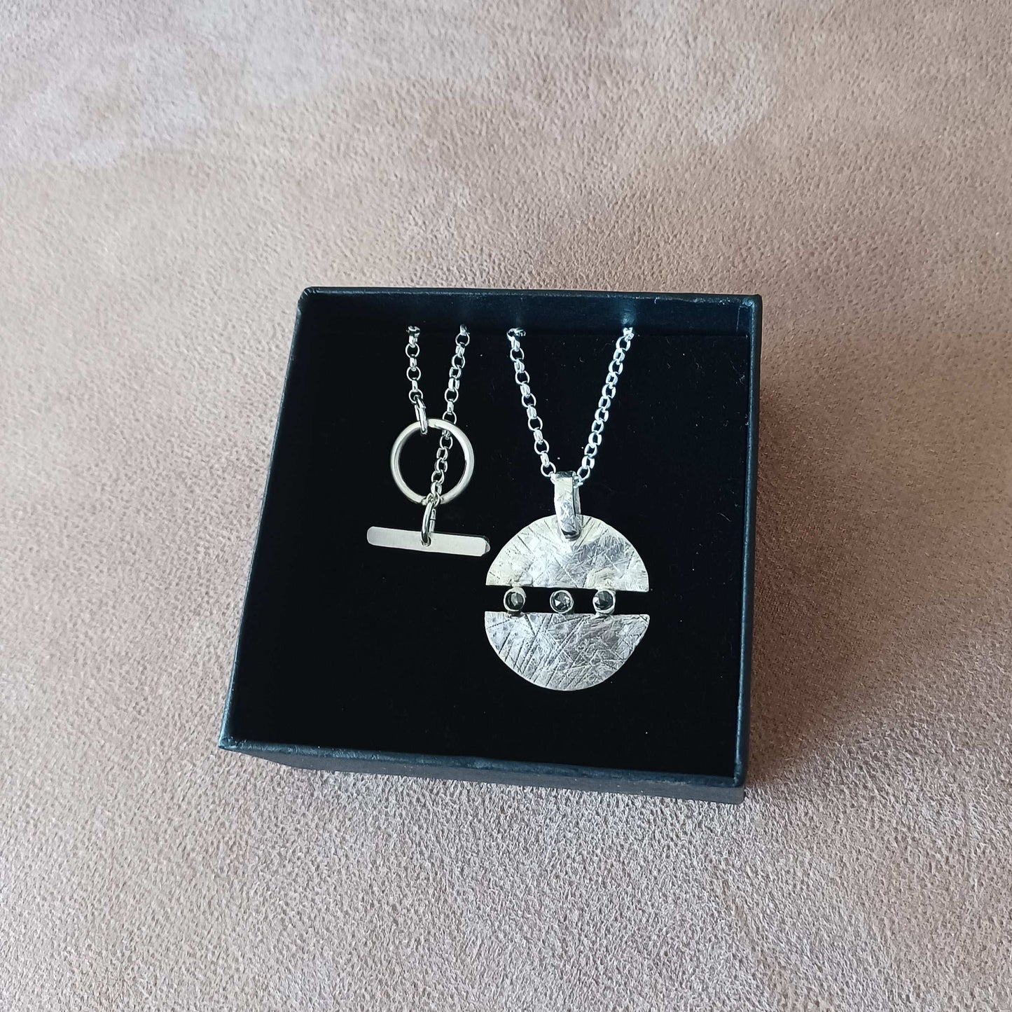 Sterling SIlver and Diamond Necklace with T bar clasp in jewellery box on black velvet insert