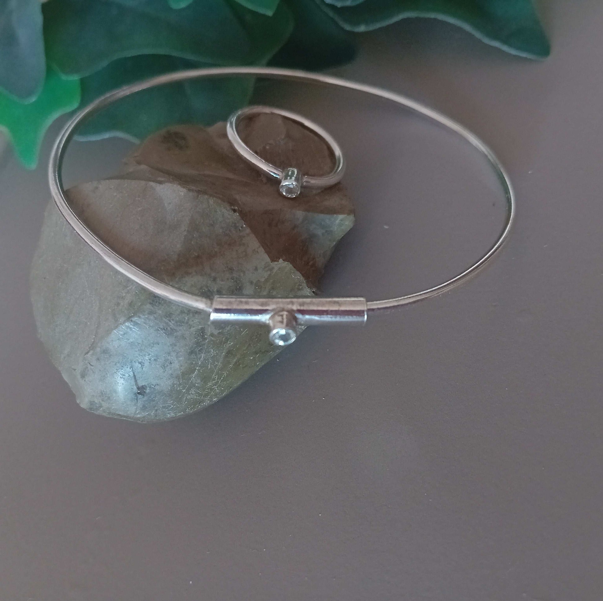 White sapphire, Sterling Silver Adjustable Bangle