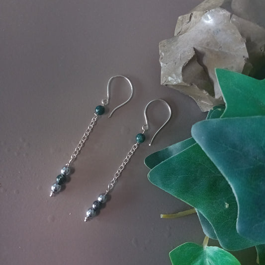 Handmade sterling Silver Drop Chain Earrings with Hematite and Jasper