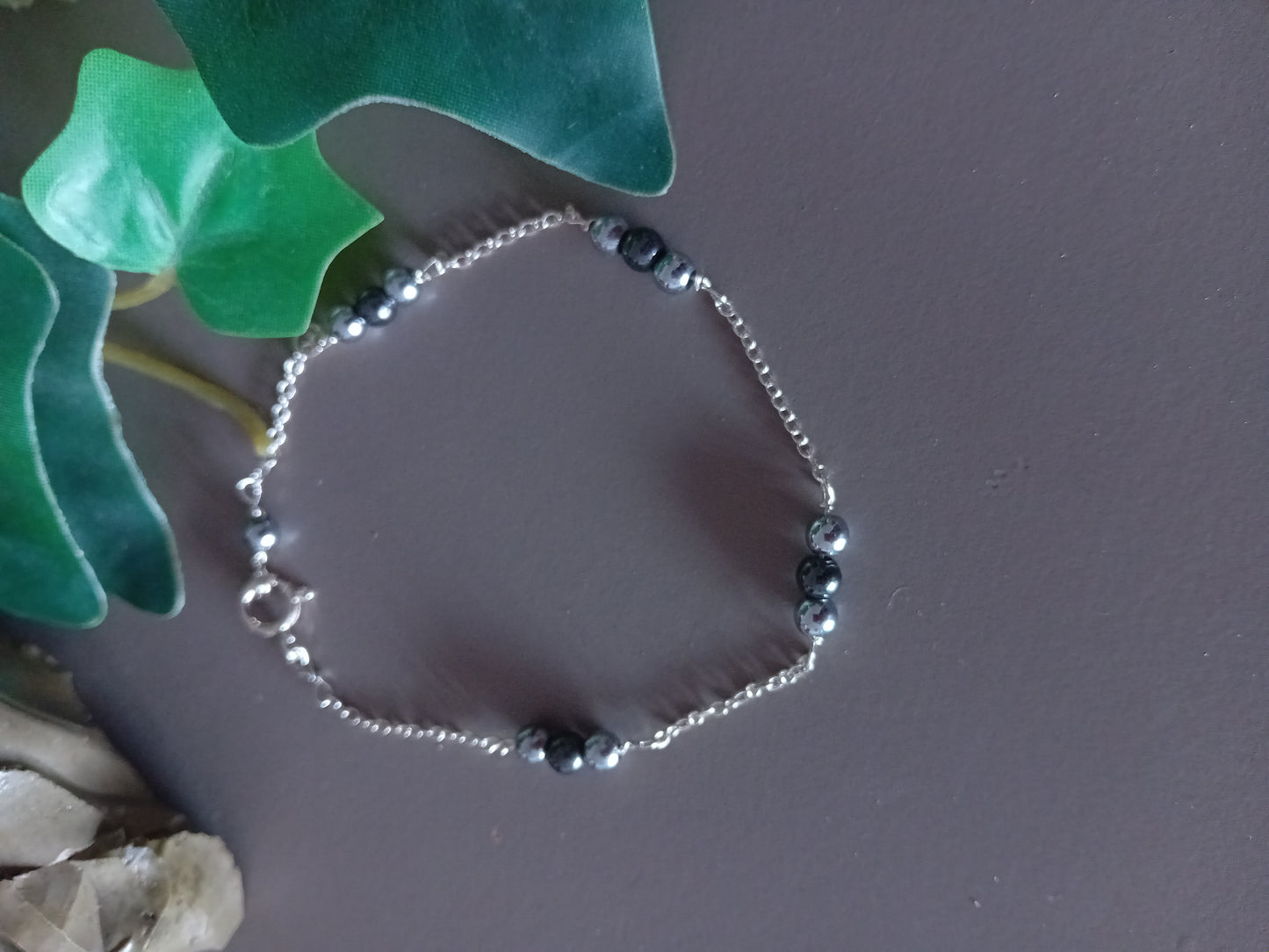 Handmade sterling silver chain bracelet with hematite and jasper