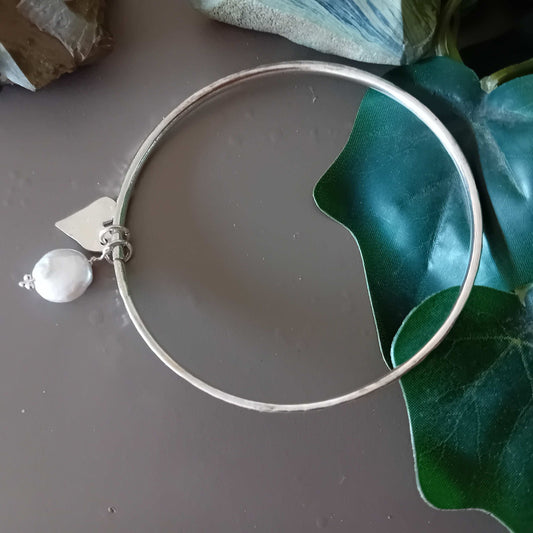 Pearl and Heart Charm Solid Sterling Silver Bangle