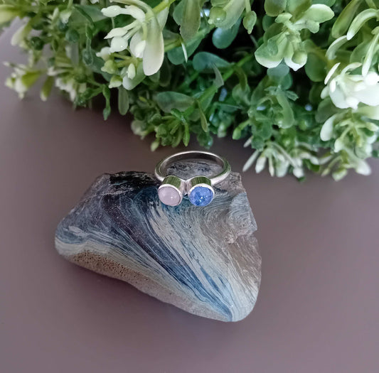 Moi et Toi Ring - Sterling Silver with Tanzanite & Rose quartz