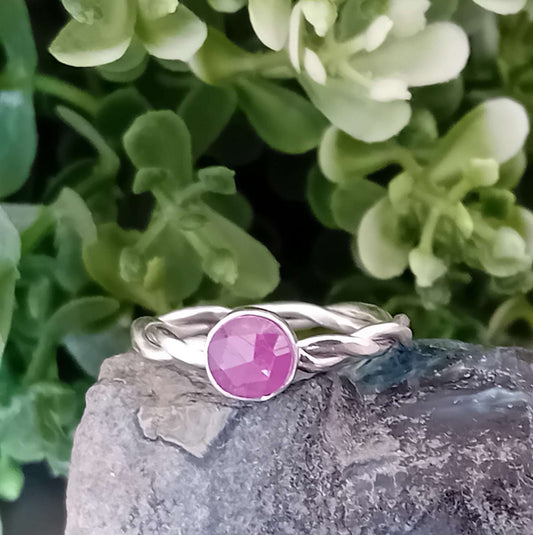 Rose Cut Ruby Ring with Twist Feature Sterling Silver Shank