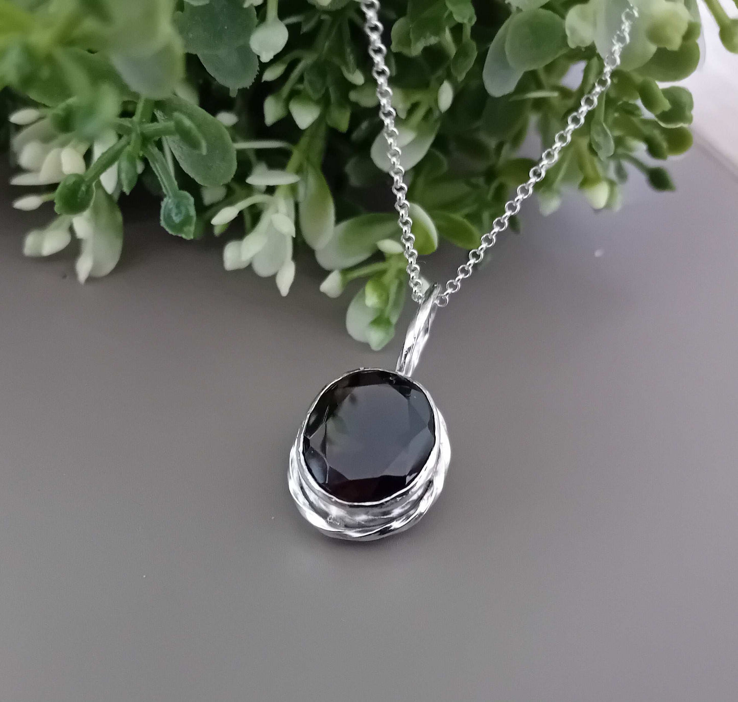 Chunky Sterling Silver Bezel set Necklace- Smokey Quartz