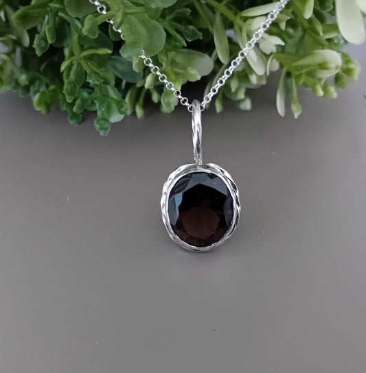 Chunky Sterling Silver Bezel set Necklace- Smokey Quartz