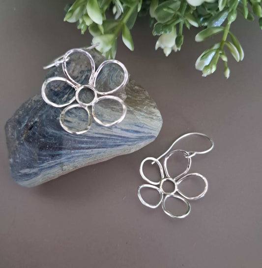 Daisy Flower,Hand Textured, Sterling Silver Earringss