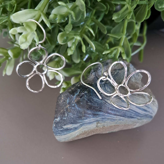Daisy Flower,Hand Textured, Sterling Silver Earringss