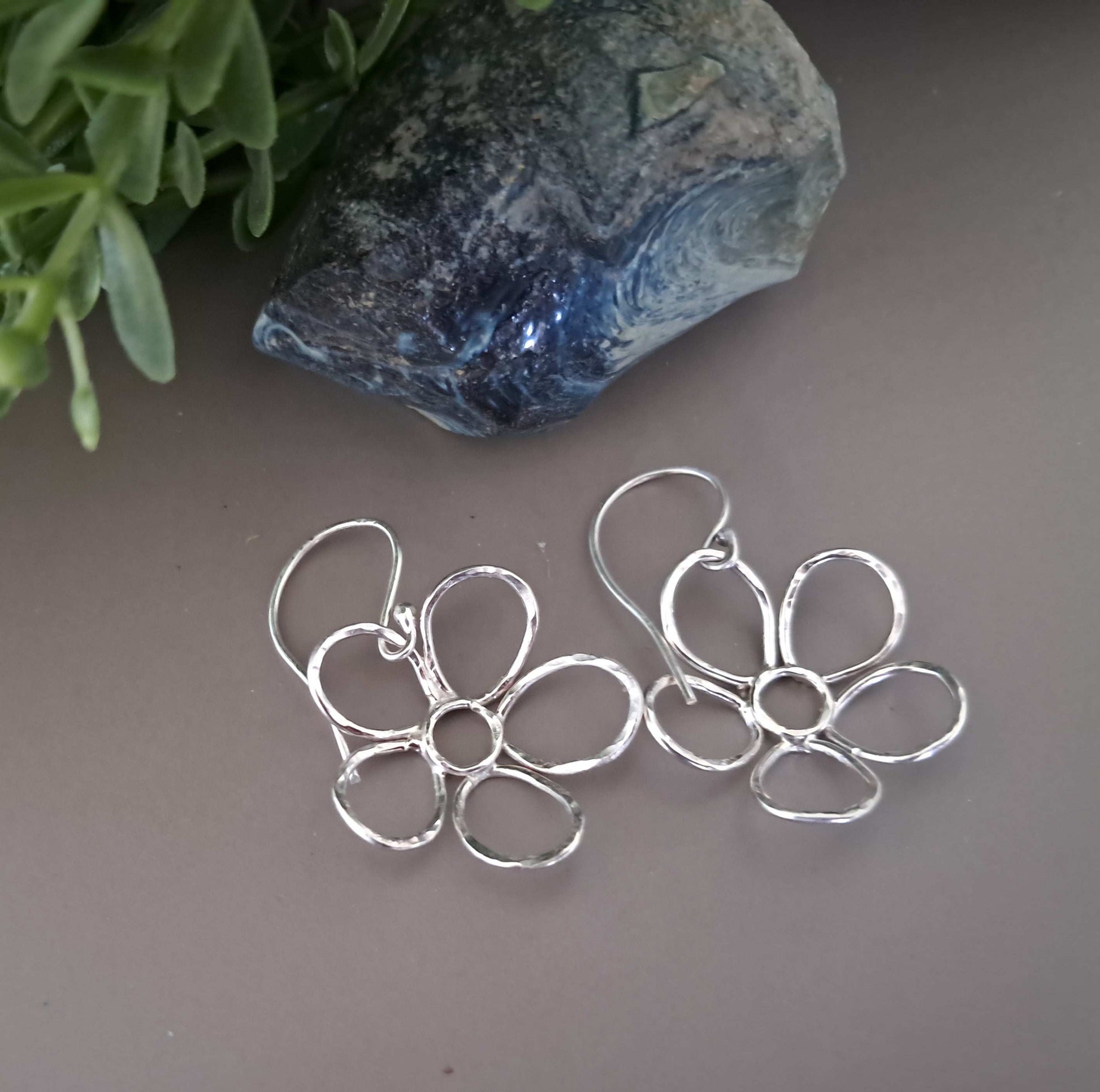 Daisy Flower,Hand Textured, Sterling Silver Earringss